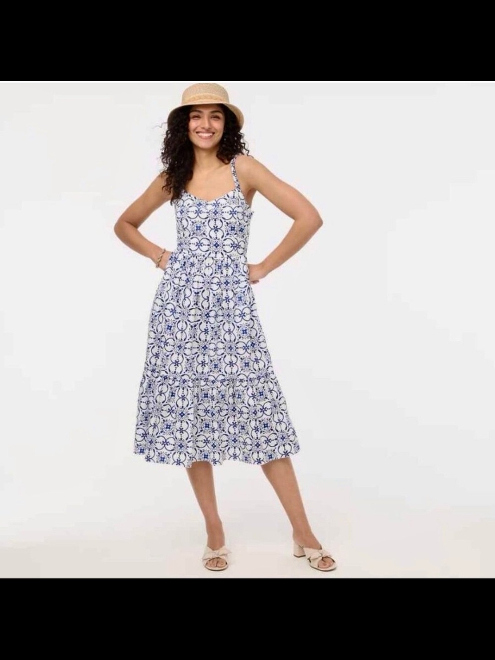 White and Navy Tile-Print Maxi Dress